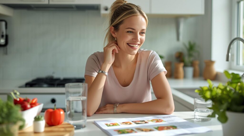 Mulher sorridente na cozinha planejando uma alimentação saudável com cardápio semanal prático impresso sobre a mesa com vegetais frescos ao fundo.