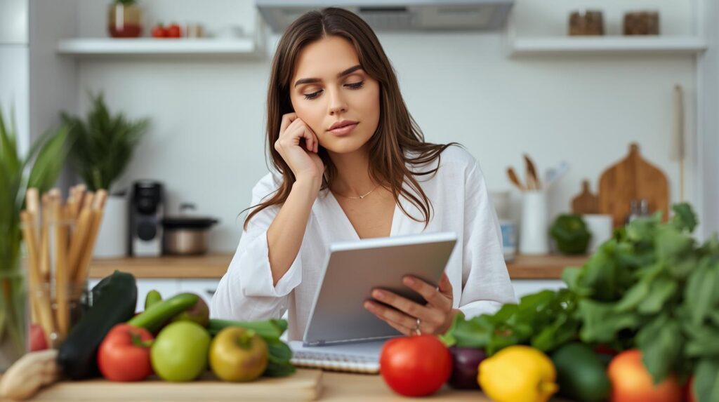 Mulher planejando alimentação saudável com cardápio semanal prático em tablet na cozinha com vegetais frescos.