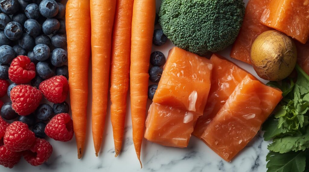 Alimentos que ajudam a melhorar a saúde da pele como cenoura, salmão e brócolis