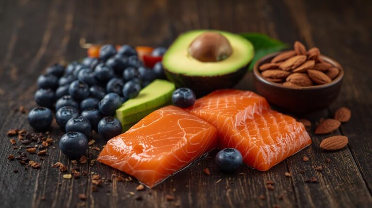 Abacate, frutas frescas e salmão, alimentos ricos em nutrientes que ajudam a melhorar a saúde da pele