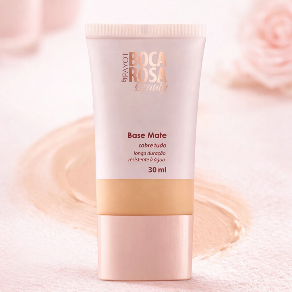 Base Boca Rosa by Payot em embalagem bisnaga rosa com pump e textura líquida ao fundo.