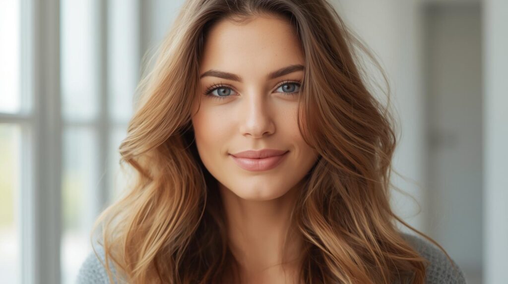 Maquiagem natural estilo "clean girl" com pele iluminada, sobrancelhas bem definidas e cílios volumosos em destaque.