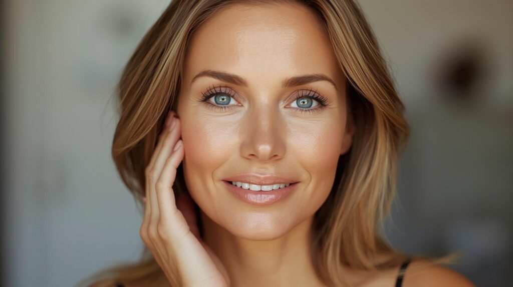 Mulher madura de 40 a 50 anos com pele firme, iluminada e sem rugas profundas, exemplificando os resultados reais do efeito botox em casa com peptídeos.