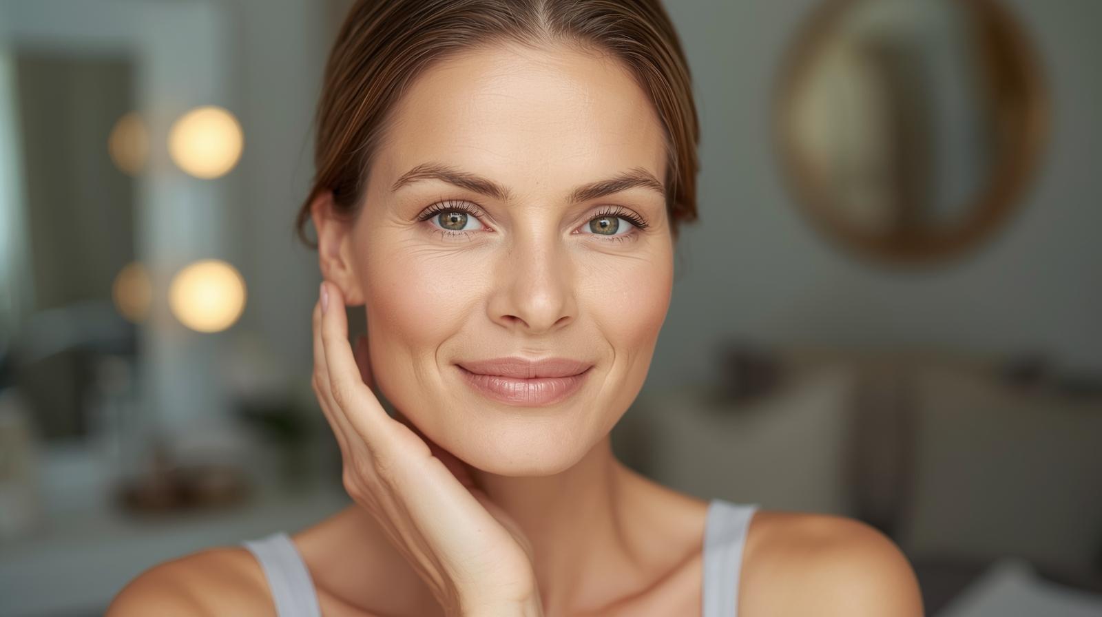 Mulher madura e bonita com pele firme e rejuvenescida, demonstrando o resultado do efeito botox em casa com peptídeos para eliminar linhas de expressão.