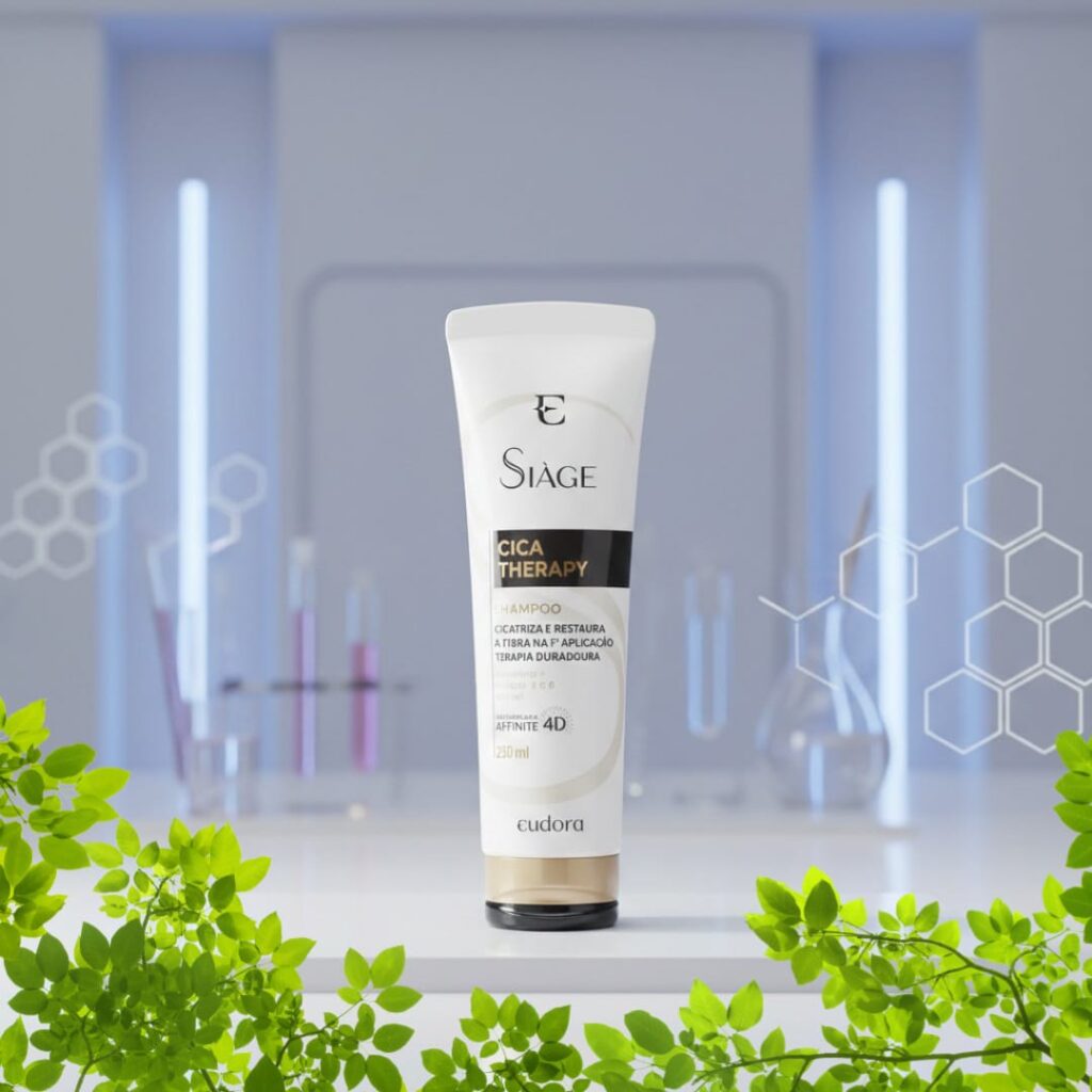Shampoo Eudora Siàge Cica-Therapy posicionado centralmente em um fundo de laboratório moderno e minimalista. Detalhes de moléculas e folhas verdes em primeiro plano reforçando a tecnologia de cicatrização capilar e ingredientes naturais.