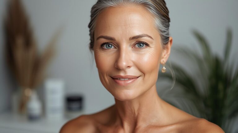 Mulher madura com pele radiante, firme e bem cuidada, exemplificando os resultados de longo prazo do guia completo sobre benefícios do colágeno para a pele.
