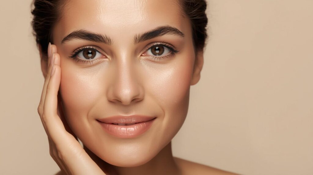 Mulher jovem com pele firme e radiante tocando o rosto, exemplificando os resultados reais do guia completo sobre benefícios do colágeno para a pele.