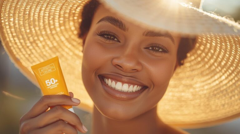 Mulher sorridente com chapéu de palha segurando protetor solar FPS 50 em dia ensolarado, representando o guia completo sobre proteção solar e cuidados com a pele.
