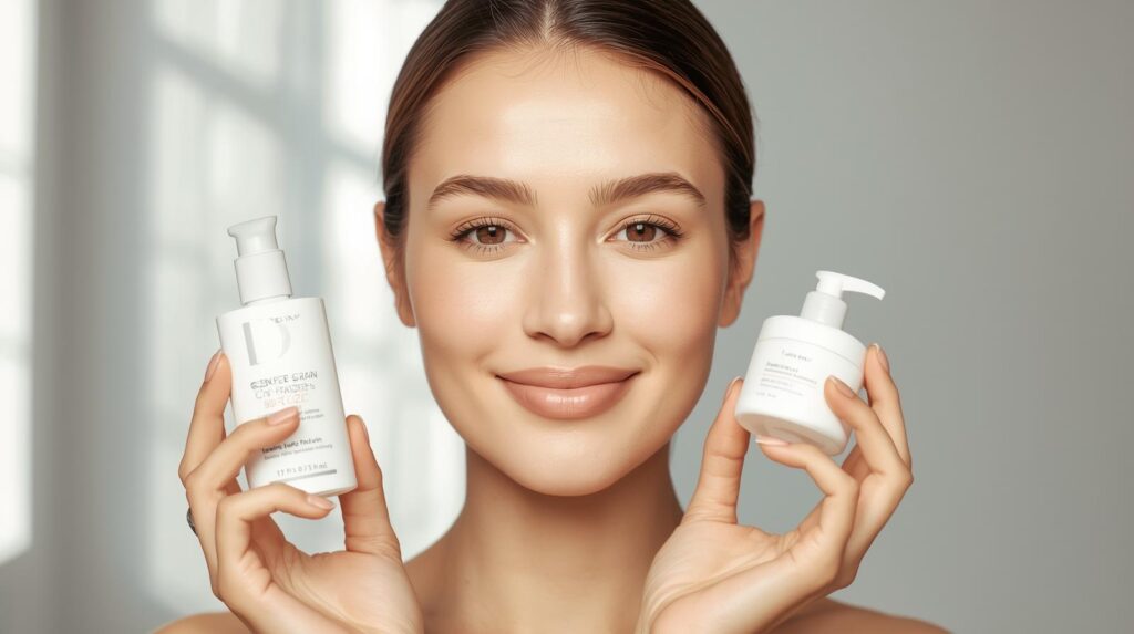 Guia Completo sobre Rotina de Skincare para Pele Oleosa_ Benefícios, Cuidados e Recomendações. Mulher com pele equilibrada segurando gel de limpeza e hidratante facial, representando as recomendações do guia completo sobre rotina de skincare para pele oleosa.