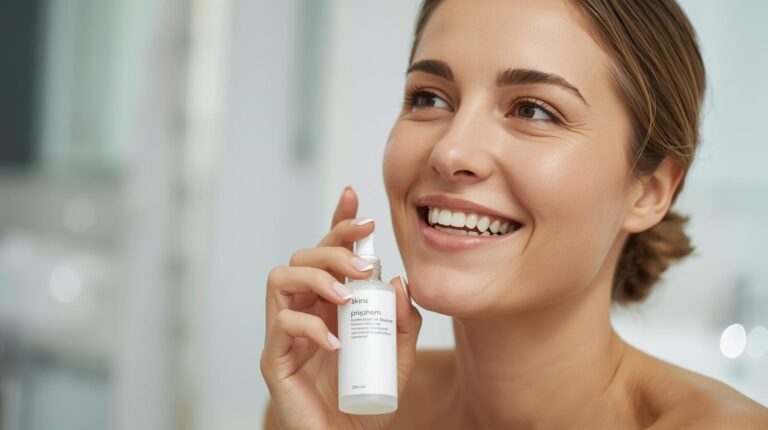 Mulher sorridente com pele radiante segurando um frasco de sérum facial, exemplificando os passos do guia completo sobre rotina de skincare para pele oleosa.