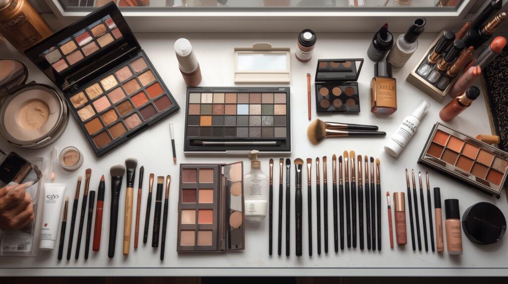 Guia completo sobre maquiagem profissional Produtos de maquiagem profissional organizados em uma bancada branca, destacando diversas paletas de sombras em tons terrosos, pincéis de cerdas variadas e bases líquidas para um acabamento perfeito.