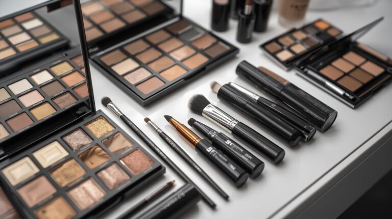 Maquiagem profissional: Kit completo com paletas de sombras neutras, pincéis de precisão e produtos de alta cobertura organizados para tutorial.