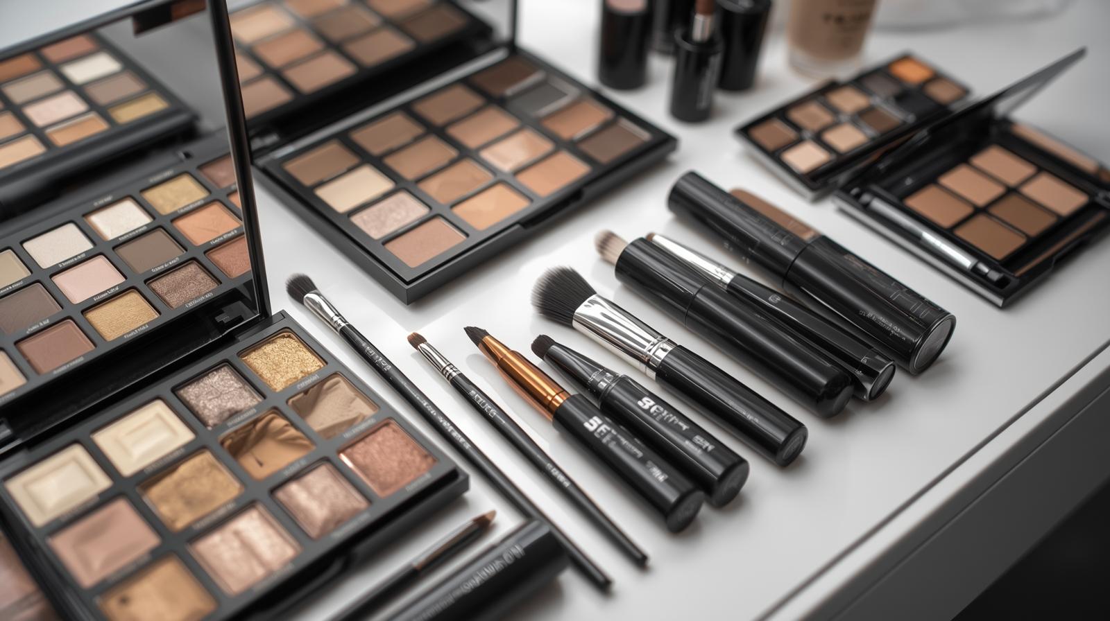 Maquiagem profissional: Kit completo com paletas de sombras neutras, pincéis de precisão e produtos de alta cobertura organizados para tutorial.