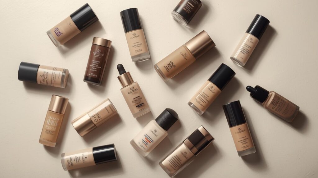 Diversos frascos de bases líquidas e com conta-gotas em tons variados, espalhados sobre uma superfície clara e iluminada, representando a escolha das melhores bases para cada tipo de pele
