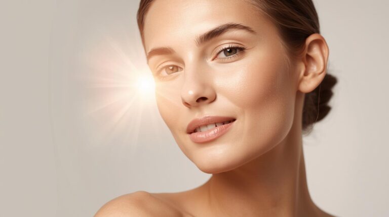 Mulher jovem com pele perfeita e iluminada, evidenciando o efeito regenerativo do PDRN. A imagem foca na textura saudável da pele e no brilho natural (glow), simbolizando a estética regenerativa de 2026.