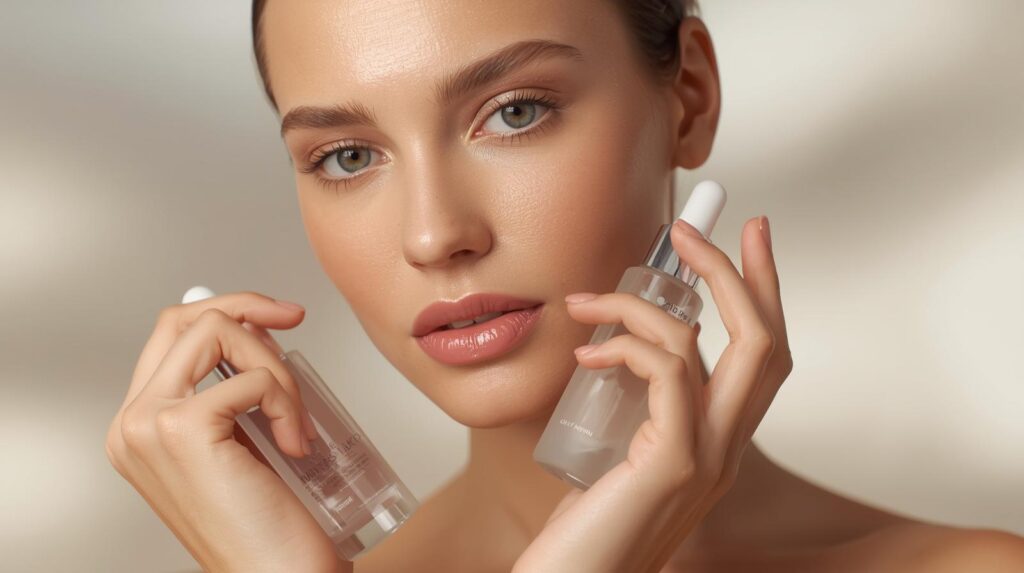 Mulher com pele radiante e hidratada segurando dois frascos de sérum facial, exemplificando a estética de pele de vidro e a rotina de Skin Minimalism.