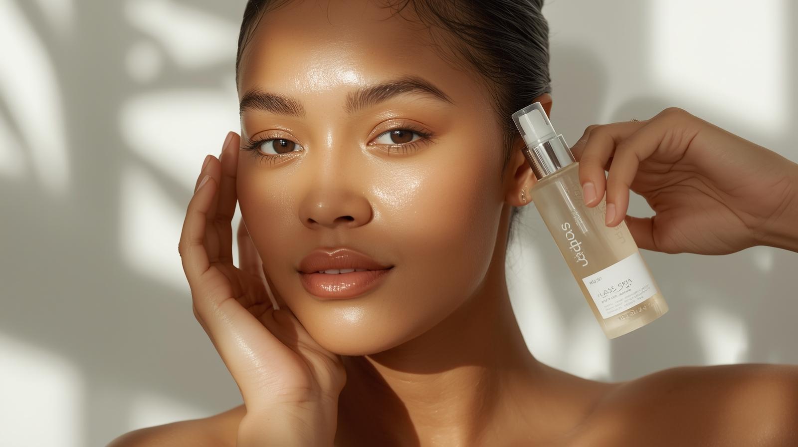 Mulher com pele radiante e efeito "glass skin" segurando um frasco de sérum facial, representando a tendência Skin Minimalism 2026.