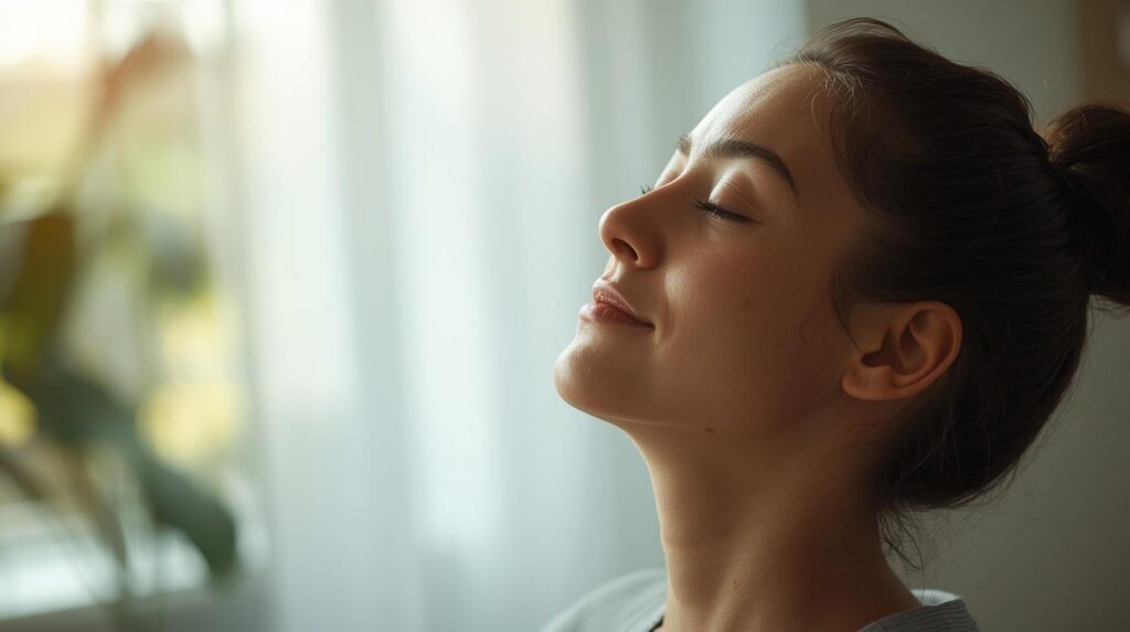 Mulher jovem praticando técnicas de relaxamento e meditação em ambiente iluminado para promover saúde mental e autocuidado.