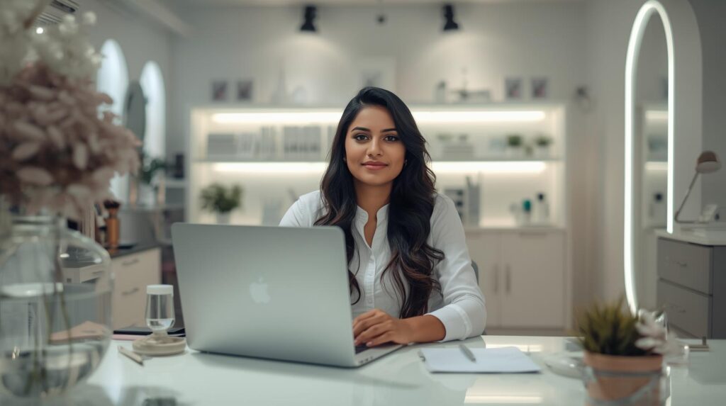 Editora do site Beleza e Saúde Hoje trabalhando em escritório moderno, representando transparência e responsabilidade informativa