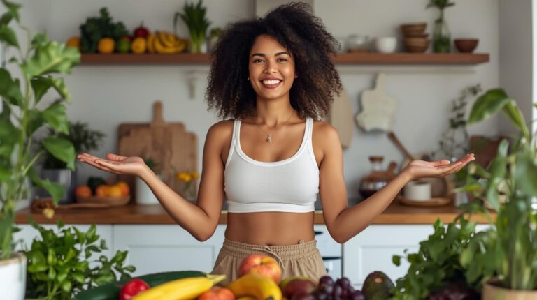 Mulher sorridente em uma cozinha preparada para uma alimentação anti-inflamatória no dia a dia com frutas e vegetais frescos sobre a mesa.