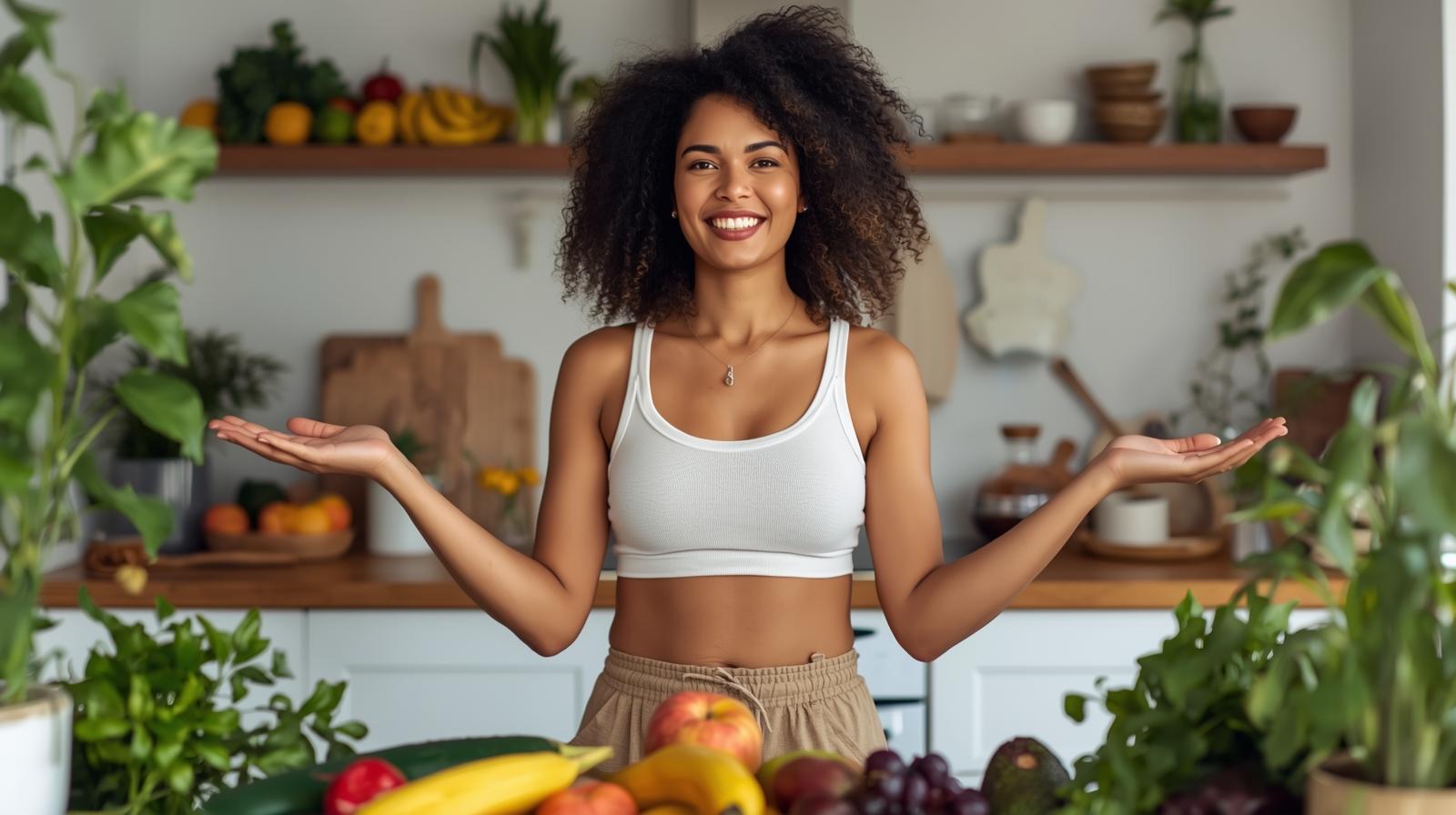 Mulher sorridente em uma cozinha preparada para uma alimentação anti-inflamatória no dia a dia com frutas e vegetais frescos sobre a mesa.