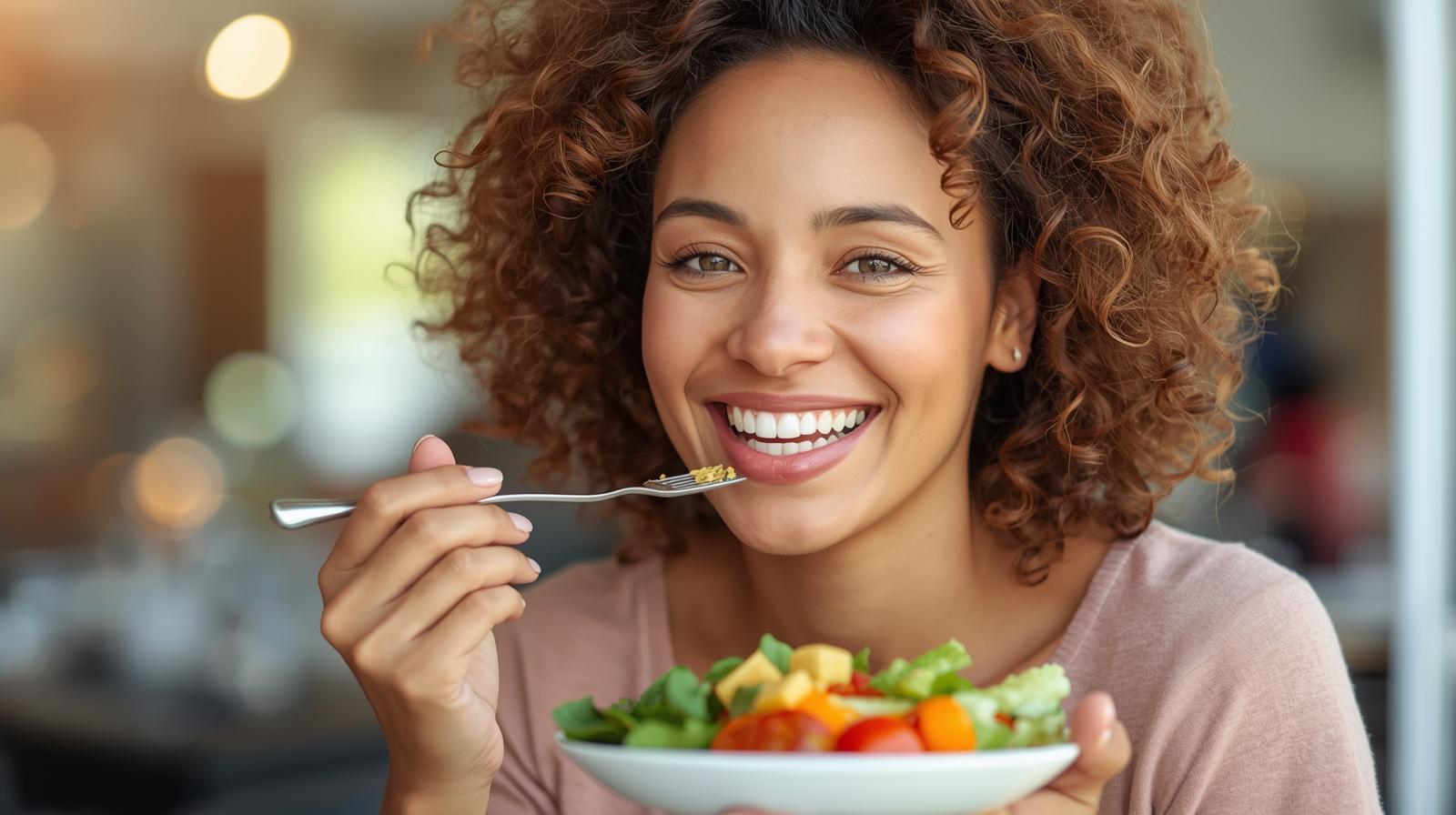 Mulher sorridente consumindo salada colorida rica em nutrientes para alimentação funcional e energia