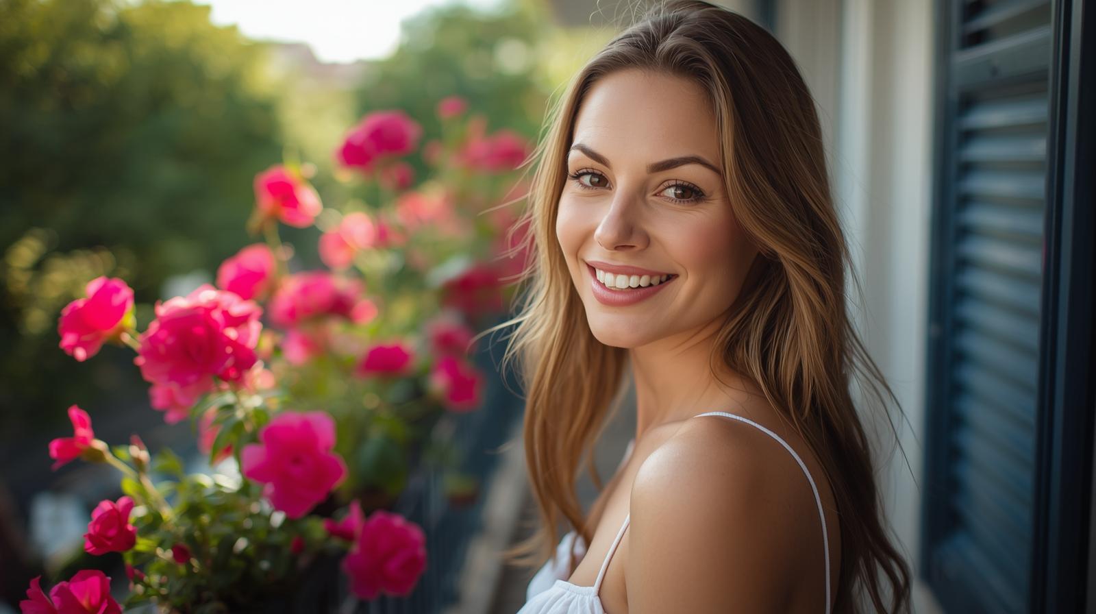 Mulher feliz com pele radiante após usar maquiagem com retinol em ambiente iluminado