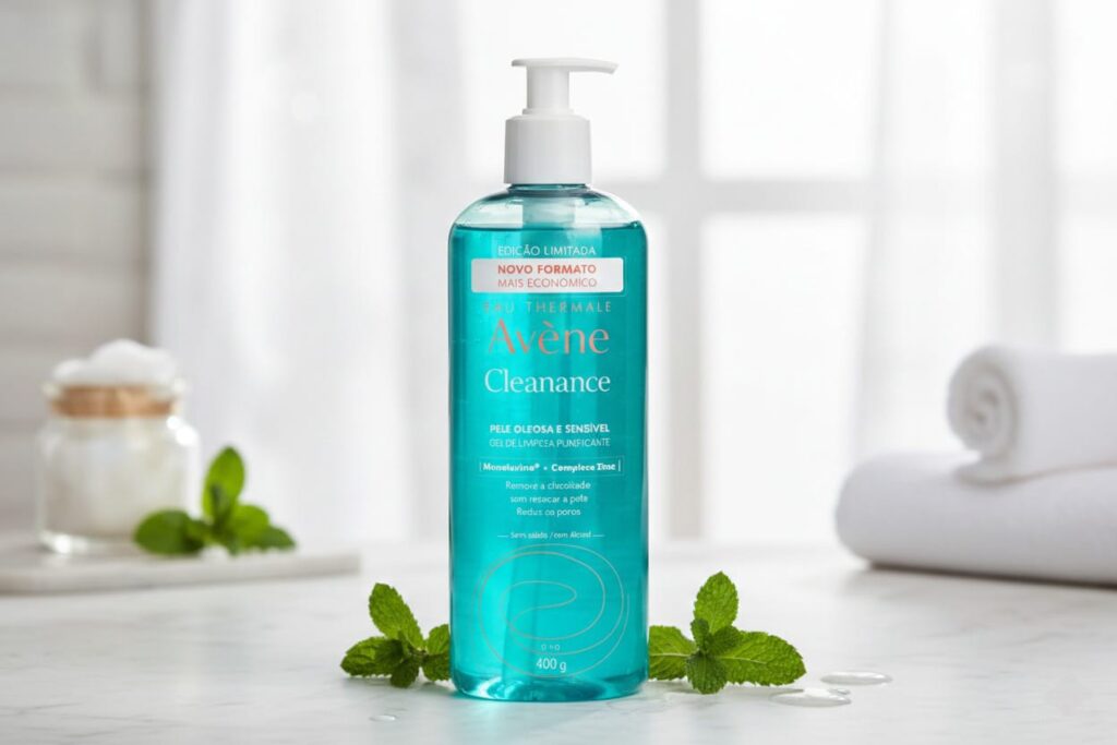 Embalagem de Avène Cleanance Gel 400g sobre uma bancada de mármore branca, acompanhada de folhas de hortelã e toalhas brancas, simbolizando frescor e limpeza profunda.