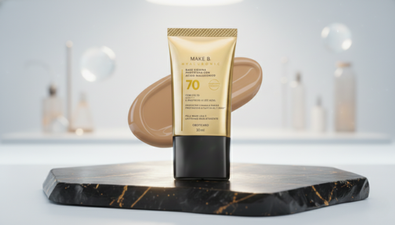 Embalagem dourada da Base Hyaluronic Make B. com FPS 70 e amostra da textura líquida ao fundo.