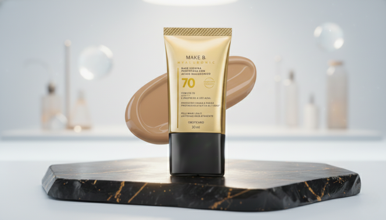 Embalagem dourada da Base Hyaluronic Make B. com FPS 70 e amostra da textura líquida ao fundo.
