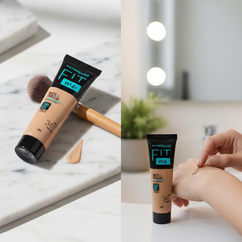 Close-up da Base Maybelline Fit Me Matte + Poreless sendo aplicada na pele, destacando a textura fluida e o acabamento natural para controle de oleosidade.