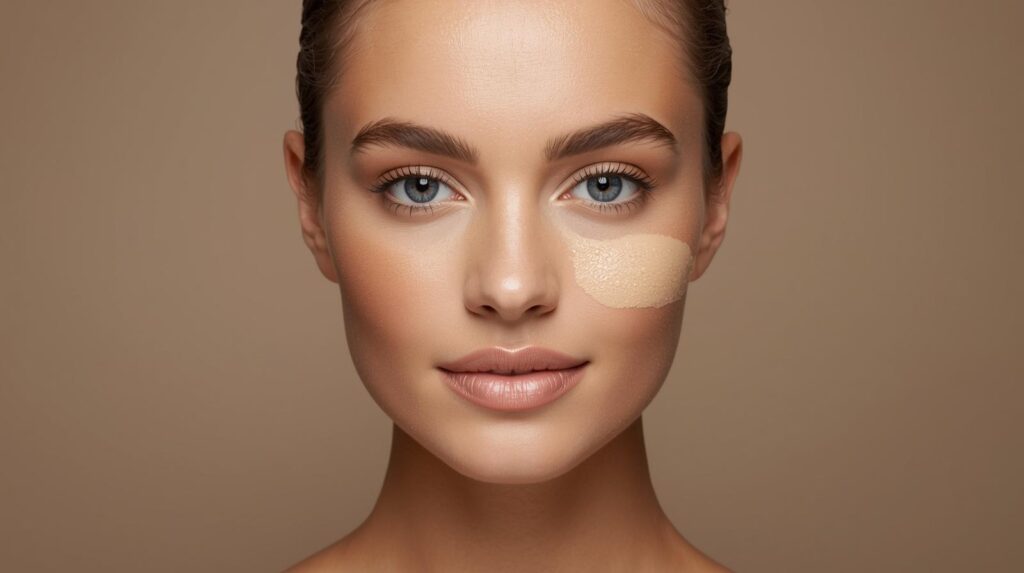 Mulher com amostra de base no rosto demonstrando como escolher a melhor base para cada tipo de pele.