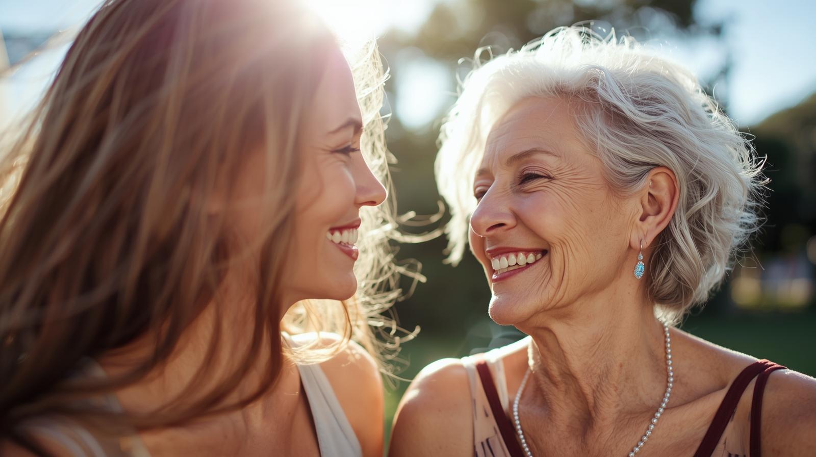 Duas mulheres saudáveis de diferentes gerações sorrindo, representando o bem-estar feminino em todas as fases da vida.