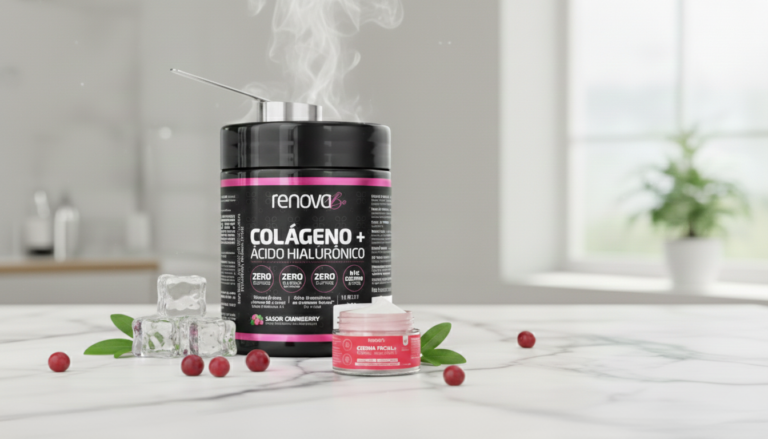 Pote de Colágeno Verisol e Ácido Hialurônico Renova Be sabor Cranberry com scoop e creme facial.