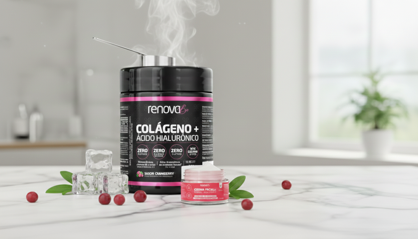 Pote de Colágeno Verisol e Ácido Hialurônico Renova Be sabor Cranberry com scoop e creme facial.