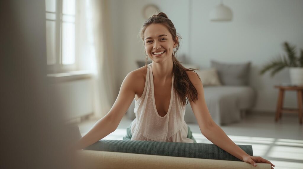 Mulher jovem e sorridente abrindo um tapete de yoga em uma sala de estar clara, preparando-se para um treino para iniciantes focado em flexibilidade e adaptação muscular.