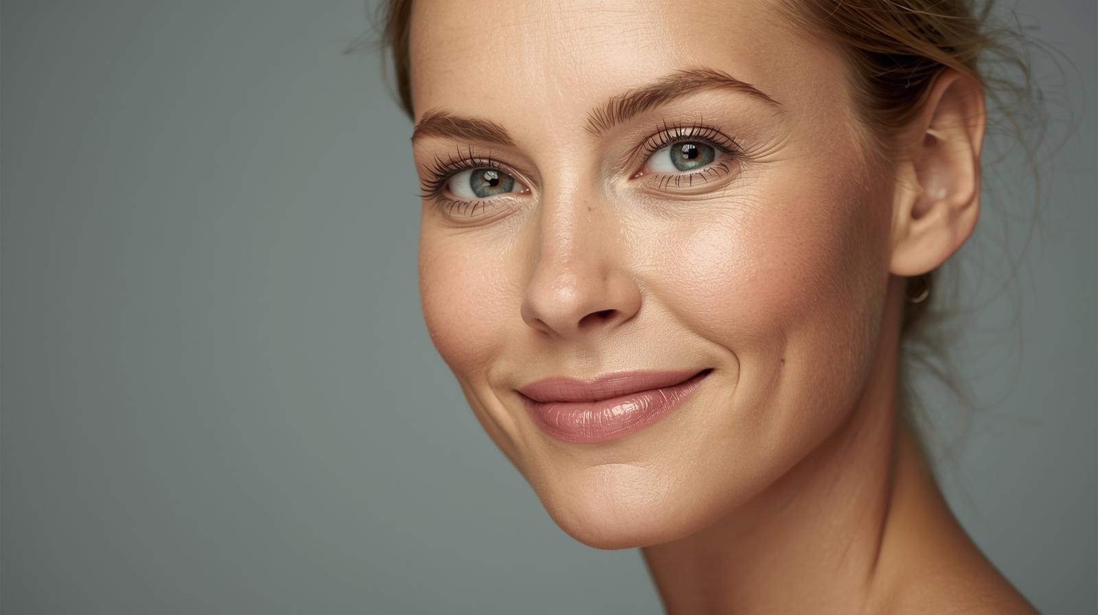 Mulher de 40 anos sorrindo de forma plena, ilustrando o guia de como equilibrar os hormônios naturalmente através da alimentação e hábitos.