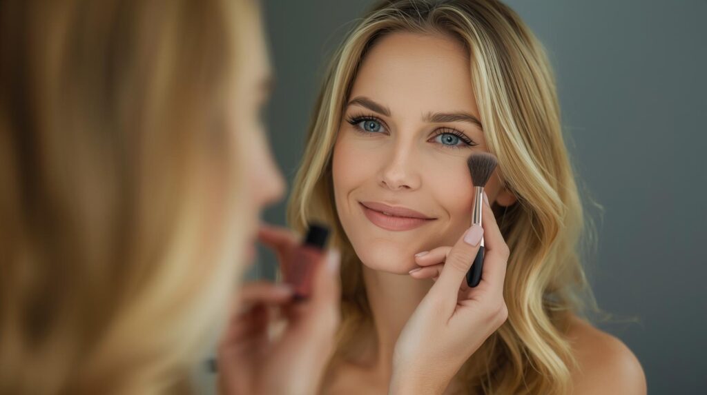 Mulher loira sorrindo em frente ao espelho enquanto demonstra como fazer maquiagem simples e natural, aplicando blush suave nas maçãs do rosto com um pincel de cerdas macias.