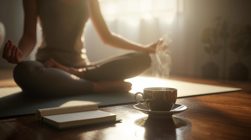 Close-up de uma xícara de chá fumegante e livro aberto no chão de madeira, com uma pessoa meditando ao fundo, exemplificando hábitos diários que melhoram a saúde física e mental.