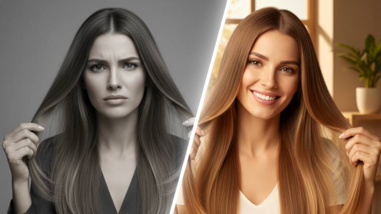 Mulher comparando cabelo danificado e sem vida com resultado de brilho espelhado após reconstrução capilar correta