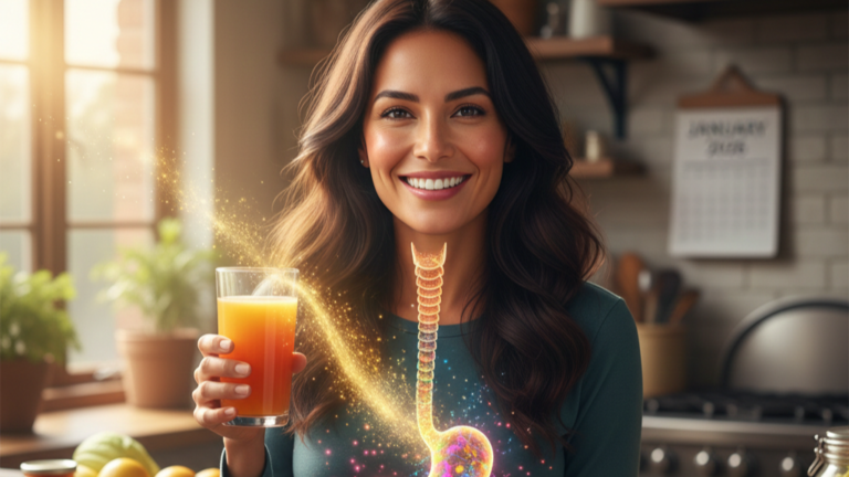 Mulher radiante segurando suco natural, ilustrando a conexão entre saúde intestinal e pele para recuperar o brilho do rosto