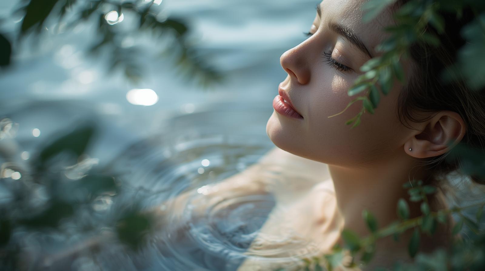 Mulher jovem em estado de meditação profunda na água, exemplificando como reduzir o estresse e a ansiedade naturalmente através da conexão com a natureza e equilíbrio emocional.