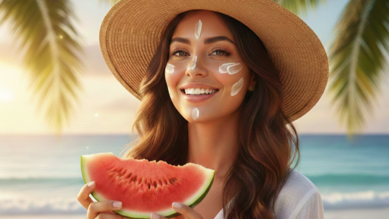Mulher sorrindo na praia com chapéu e protetor solar no rosto, representando a saúde da pele no verão