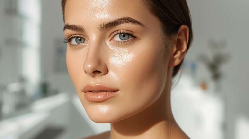 Resultados do PDRN na textura e luminosidade da pele Close-up do rosto de uma mulher com pele extremamente iluminada e hidratada, demonstrando o efeito de 'glow' e viço proporcionado pelo tratamento com PDRN em 2026.