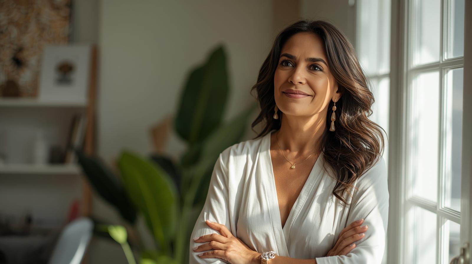 Mulher madura e confiante sorrindo em ambiente iluminado, representando o bem-estar e o equilíbrio hormonal feminino aos 40-50 anos.