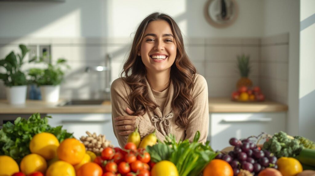 Estilo de Vida e Alimentação Anti-inflamatória no Dia a Dia. Mulher jovem e sorridente em uma cozinha clara, posicionada atrás de uma mesa farta com tomates, uvas, laranjas e vegetais verdes que compõem a alimentação anti-inflamatória no dia a dia.