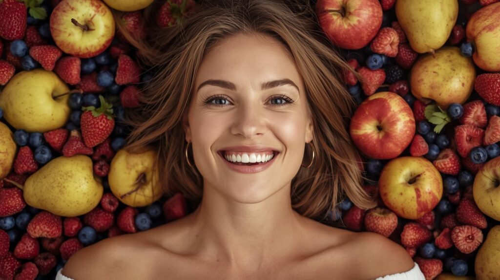 frutas-baixo-indice-glicemico-alimentacao-funcional-vitalidade.jpg Rosto de mulher sorridente cercado por maçãs, morangos e mirtilos, ilustrando o consumo de frutas de baixo índice glicêmico para vitalidade celular.