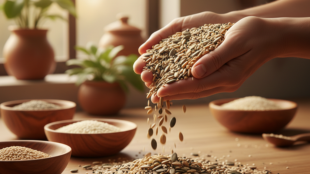 guia-sementes-ciclo-das-sementes-equilibrio-hormonal.jpg Visão detalhada das sementes de linhaça, abóbora, girassol e gergelim para o ciclo das sementes equilíbrio hormonal.