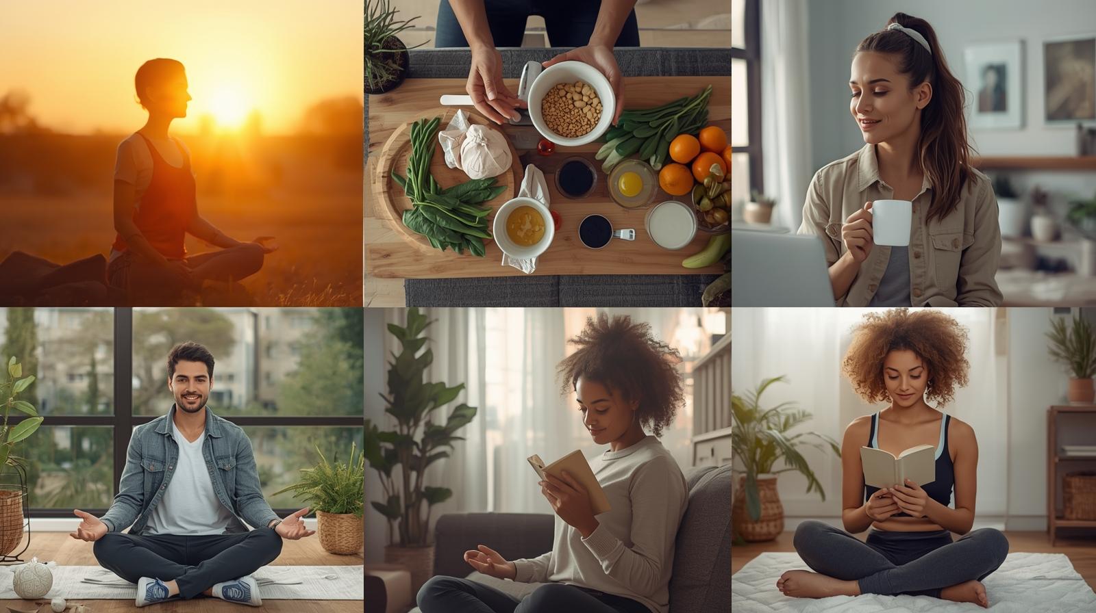 Montagem de fotos mostrando hábitos diários que melhoram a saúde física e mental, como meditação ao sol, alimentação saudável, leitura e produtividade consciente.