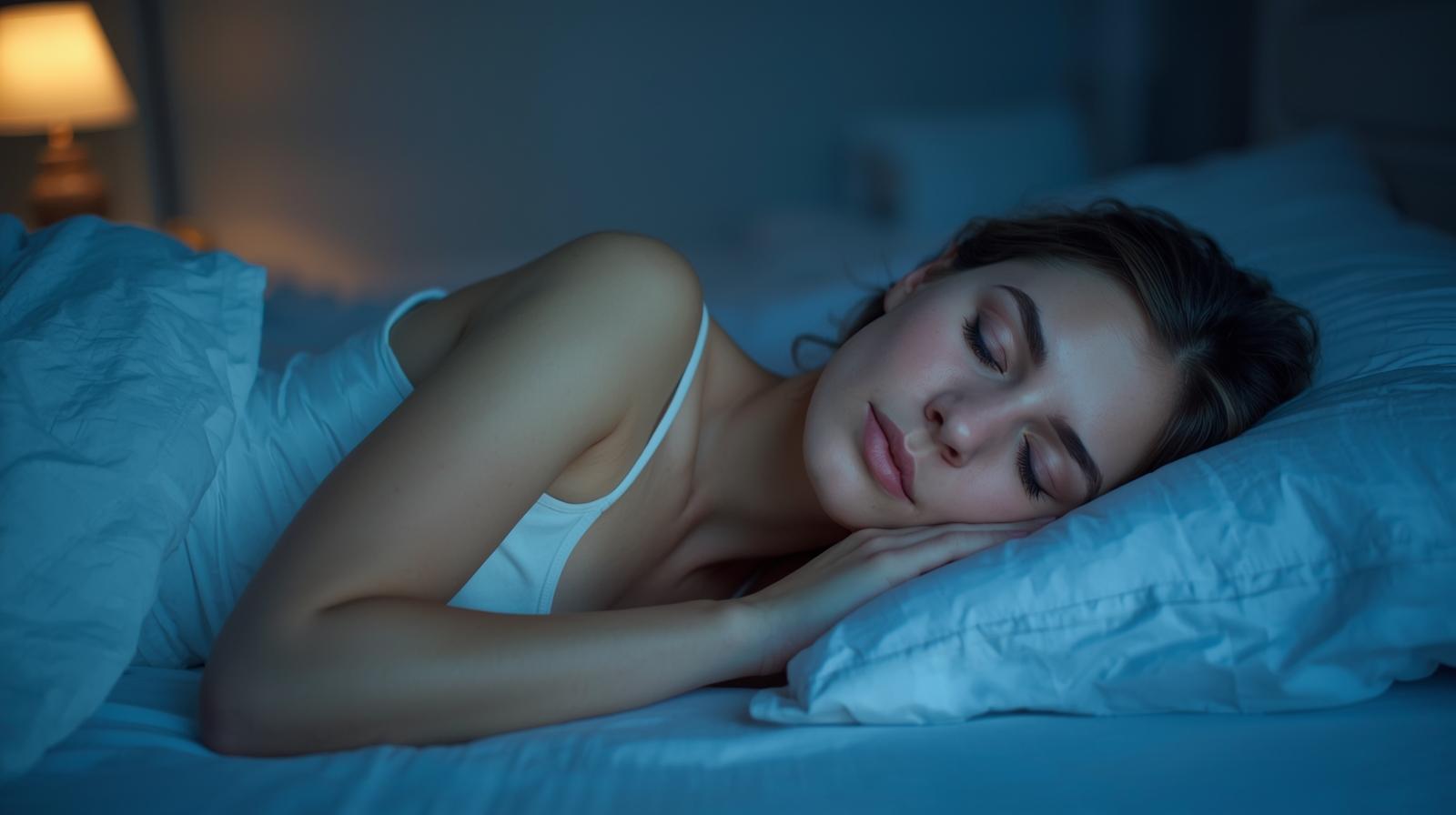 Mulher jovem dormindo tranquilamente em uma cama confortável com iluminação suave, representando a importância do sono para a saúde física e mental.